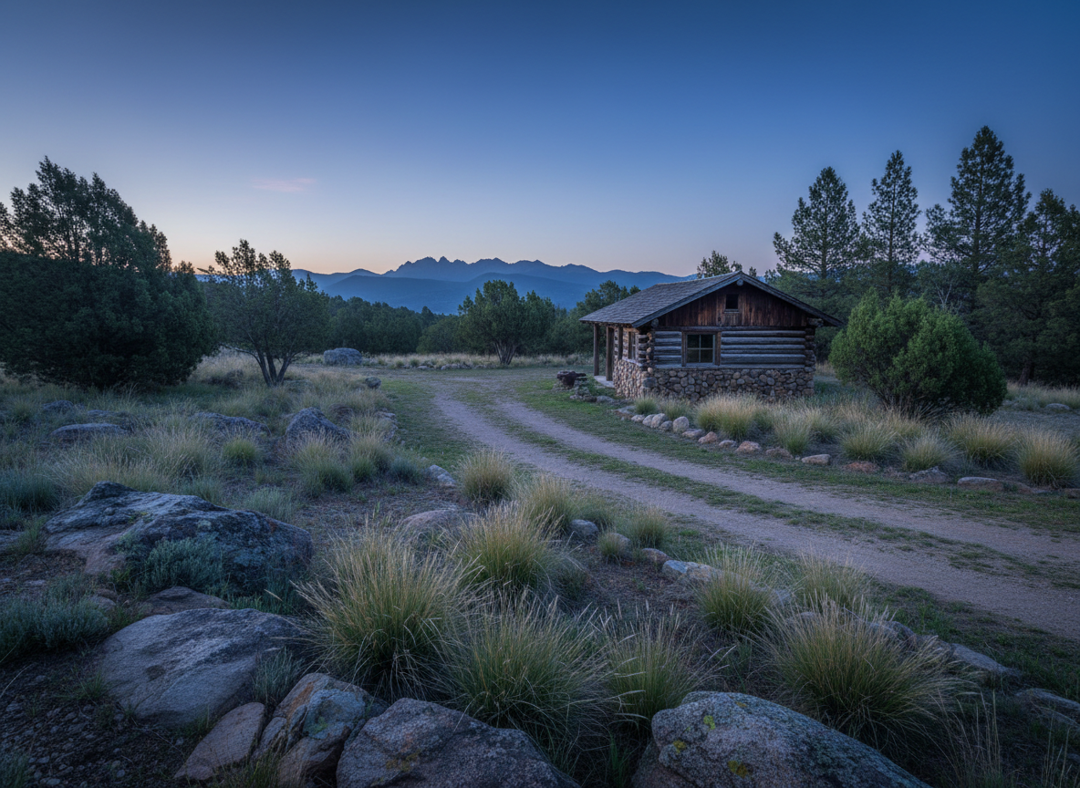 A quiet, early-morning scene of the Timber & Stone property, captured from a gentle rise above the homestead. The view looks down on a modest stone-and-timber cabin surrounded by a patchwork of native grasses, scattered rocks, and clusters of juniper and pine. A narrow dirt driveway curves subtly toward the retreat, leaving faint tire marks in the dusty soil. Blue-tinted pre-dawn light creates a cool, subdued palette, with a soft gradient brightening the sky behind the dark silhouette of the nearby mountain ridge. The mood is contemplative and serene, emphasizing solitude rather than luxury. Photographed in photographic realism with a wide composition, sharp detail from foreground stones to distant hills, and a balanced, almost meditative framing.
