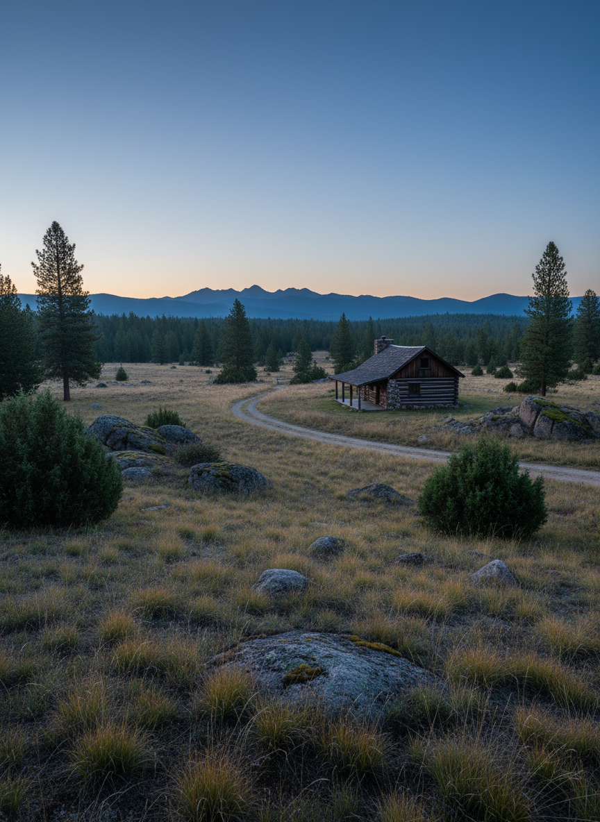 A quiet, early-morning scene of the Timber & Stone property, captured from a gentle rise above the homestead. The view looks down on a modest stone-and-timber cabin surrounded by a patchwork of native grasses, scattered rocks, and clusters of juniper and pine. A narrow dirt driveway curves subtly toward the retreat, leaving faint tire marks in the dusty soil. Blue-tinted pre-dawn light creates a cool, subdued palette, with a soft gradient brightening the sky behind the dark silhouette of the nearby mountain ridge. The mood is contemplative and serene, emphasizing solitude rather than luxury. Photographed in photographic realism with a wide composition, sharp detail from foreground stones to distant hills, and a balanced, almost meditative framing.