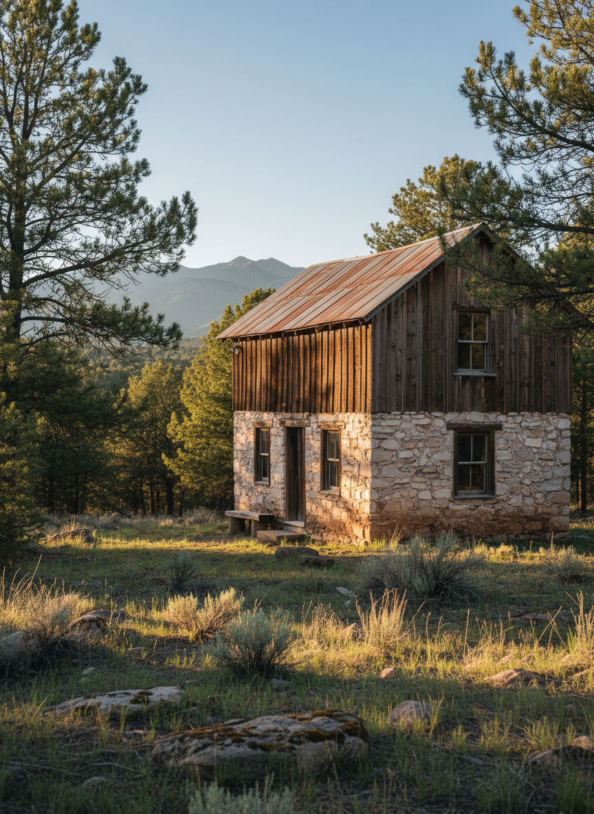 A weathered 100-year-old homestead of rough timber and pale stone, carefully restored, nestled in the forested foothills of Tijeras, New Mexico. The structure’s hand-laid stone base and sun-silvered wooden siding show fine cracks, knots, and uneven edges that reveal its age. Surrounding piñon and ponderosa pines frame the cabin, with the Sandia Mountains faintly rising in the distance. Late afternoon golden-hour sunlight grazes the façade, highlighting the textures of stone and wood while casting long, cool shadows across the native grass and scattered rocks. Photographed at eye level with a wide lens, the composition follows the rule of thirds, creating a calm, sophisticated, documentary-style image that feels authentic and free of any luxury clichés or artificial rustic props.