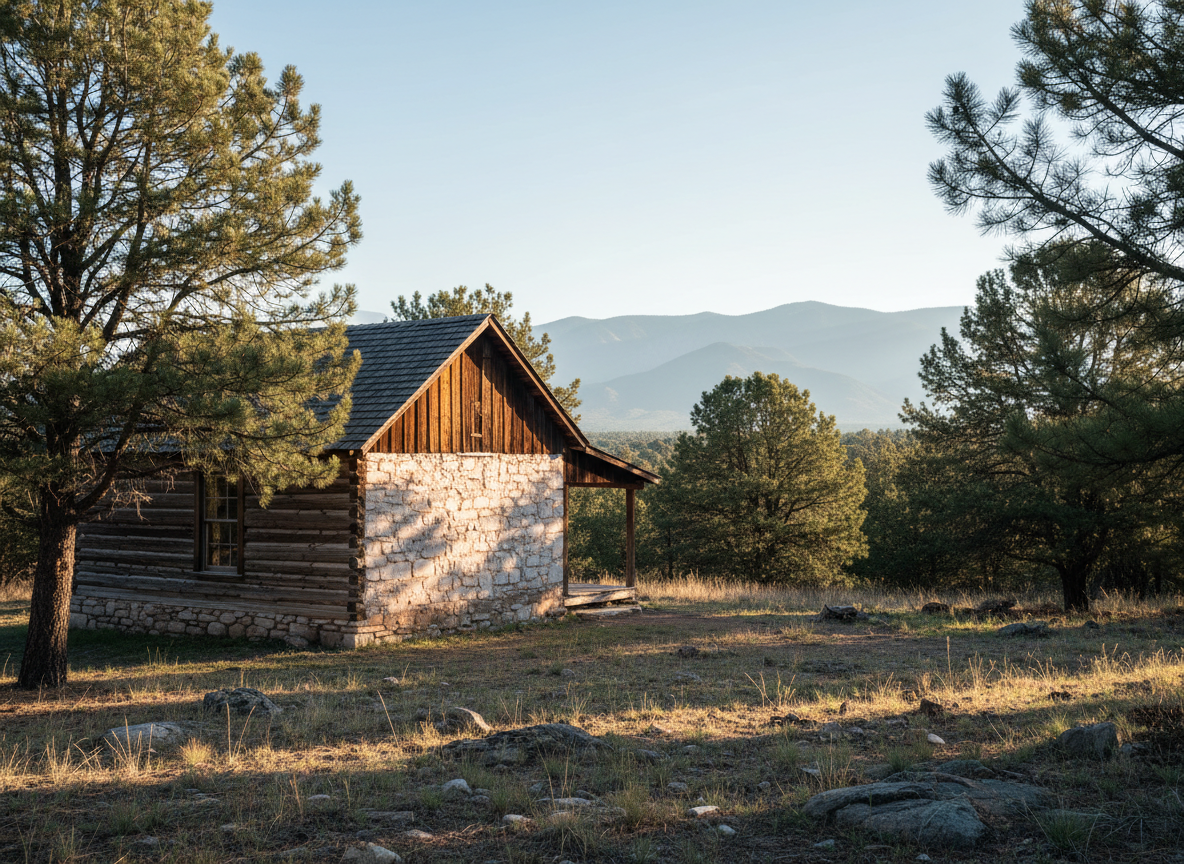 A weathered 100-year-old homestead of rough timber and pale stone, carefully restored, nestled in the forested foothills of Tijeras, New Mexico. The structure’s hand-laid stone base and sun-silvered wooden siding show fine cracks, knots, and uneven edges that reveal its age. Surrounding piñon and ponderosa pines frame the cabin, with the Sandia Mountains faintly rising in the distance. Late afternoon golden-hour sunlight grazes the façade, highlighting the textures of stone and wood while casting long, cool shadows across the native grass and scattered rocks. Photographed at eye level with a wide lens, the composition follows the rule of thirds, creating a calm, sophisticated, documentary-style image that feels authentic and free of any luxury clichés or artificial rustic props.