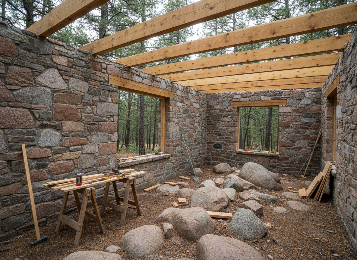 An intimate view of a stone barn mid-conversion into a mountain retreat, set among dense New Mexico forest. Rough granite and sandstone walls rise from a foundation of uneven boulders, with newly added timber beams in warm, honeyed tones stretching overhead. Sawhorses, stacked lumber, and a partially framed window opening reveal the honest work of construction without clutter. Soft overcast daylight filters through the trees, producing diffused, shadowless illumination that reveals every grain in the wood and each chipped edge in the stone. Shot from a slightly low angle to emphasize the mass and permanence of the structure, with sharp focus throughout for a documentary, photographic realism that feels grounded, understated, and architecturally sophisticated.