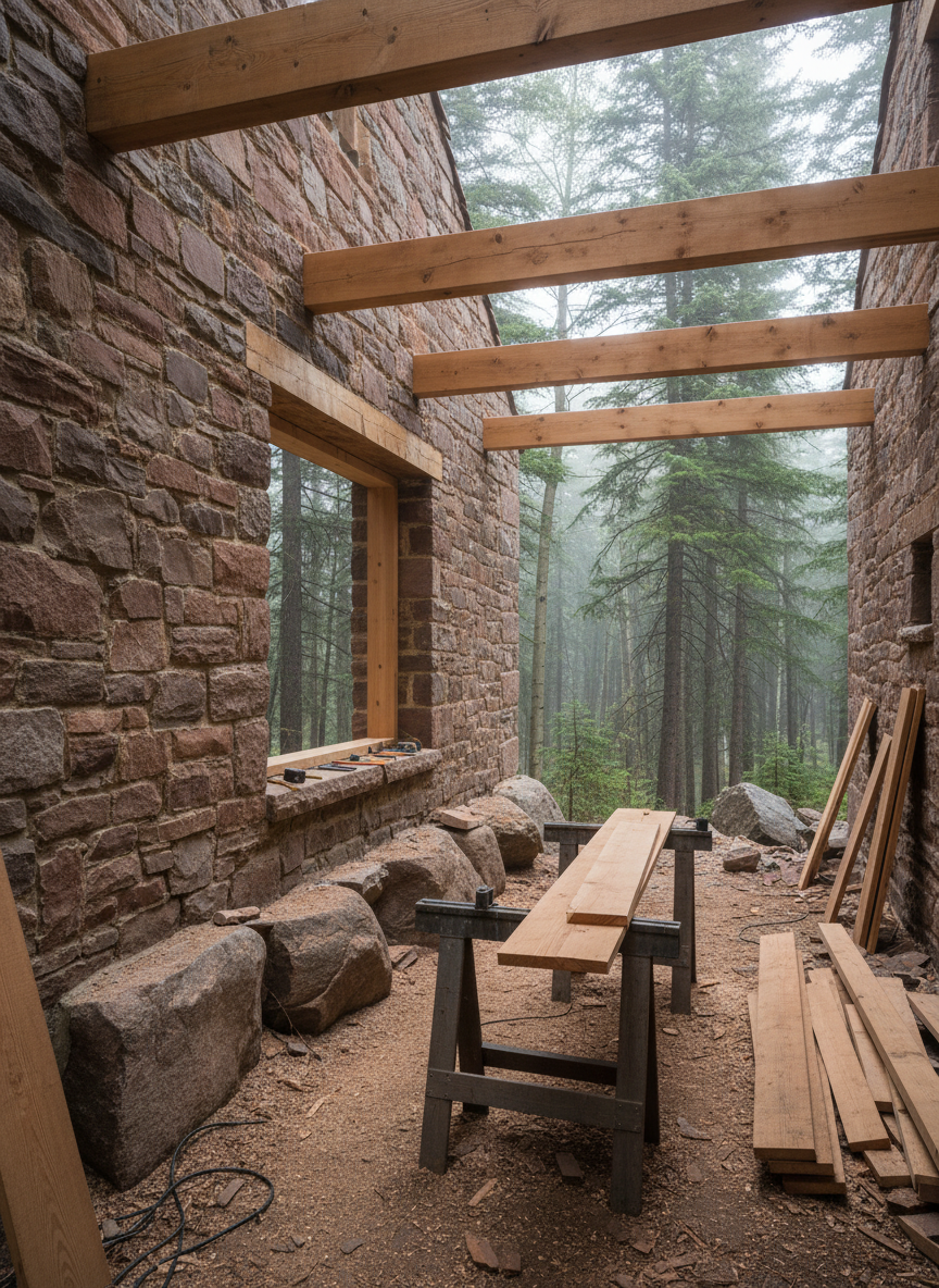 An intimate view of a stone barn mid-conversion into a mountain retreat, set among dense New Mexico forest. Rough granite and sandstone walls rise from a foundation of uneven boulders, with newly added timber beams in warm, honeyed tones stretching overhead. Sawhorses, stacked lumber, and a partially framed window opening reveal the honest work of construction without clutter. Soft overcast daylight filters through the trees, producing diffused, shadowless illumination that reveals every grain in the wood and each chipped edge in the stone. Shot from a slightly low angle to emphasize the mass and permanence of the structure, with sharp focus throughout for a documentary, photographic realism that feels grounded, understated, and architecturally sophisticated.