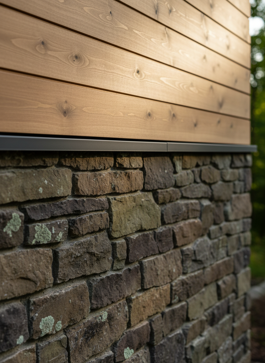 A close, textural photograph of the retreat’s exterior wall where original stone meets new timber. Rough, irregular fieldstones in muted grays and browns rise from a mortar line, their surfaces chipped and lichen-dusted. Above them, precisely milled cedar planks, lightly stained, run horizontally with visible grain and small knots. Between the materials, a dark metal flashing strip adds a crisp, modern edge. Captured at a shallow angle with tight framing, the image fills the frame with pattern and contrast, blurring the background into soft forest greens. Late afternoon sun brushes across the surfaces from the side, casting delicate shadows that emphasize relief and craftsmanship. The mood is quietly luxurious in an understated, architectural way, avoiding any staged rustic decor and focusing solely on authentic materials.