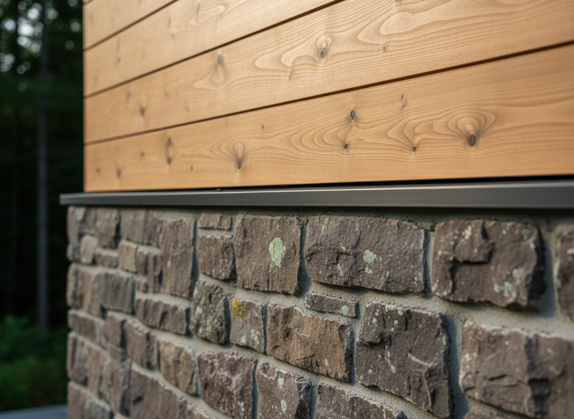 A close, textural photograph of the retreat’s exterior wall where original stone meets new timber. Rough, irregular fieldstones in muted grays and browns rise from a mortar line, their surfaces chipped and lichen-dusted. Above them, precisely milled cedar planks, lightly stained, run horizontally with visible grain and small knots. Between the materials, a dark metal flashing strip adds a crisp, modern edge. Captured at a shallow angle with tight framing, the image fills the frame with pattern and contrast, blurring the background into soft forest greens. Late afternoon sun brushes across the surfaces from the side, casting delicate shadows that emphasize relief and craftsmanship. The mood is quietly luxurious in an understated, architectural way, avoiding any staged rustic decor and focusing solely on authentic materials.