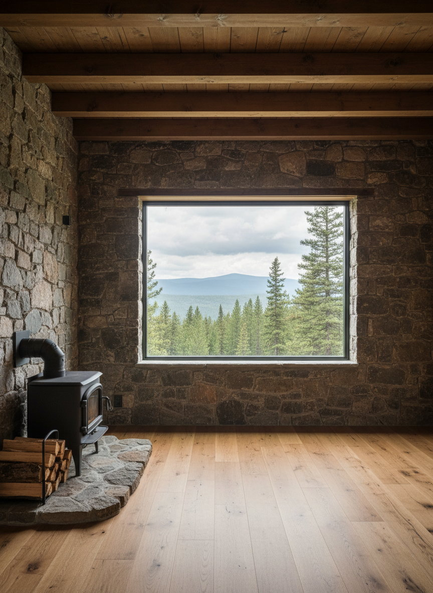 An interior view of the partially renovated stone cabin, showcasing the transition from 100-year-old homestead to refined mountain retreat. Thick stone walls in mottled grays and warm browns enclose a space with newly installed, wide-plank wood floors and exposed ceiling beams. A simple wood-burning stove sits in one corner on a stone hearth, with a stack of irregular firewood beside it. A large, unadorned window frames a view of the surrounding pine forest and distant ridgeline, letting in soft, diffused midday light that washes the room in a gentle glow. The composition is clean and balanced, shot at eye level with photographic realism, capturing the quiet sophistication of honest materials, open space, and the subtle contrast between historic structure and careful modern updates.